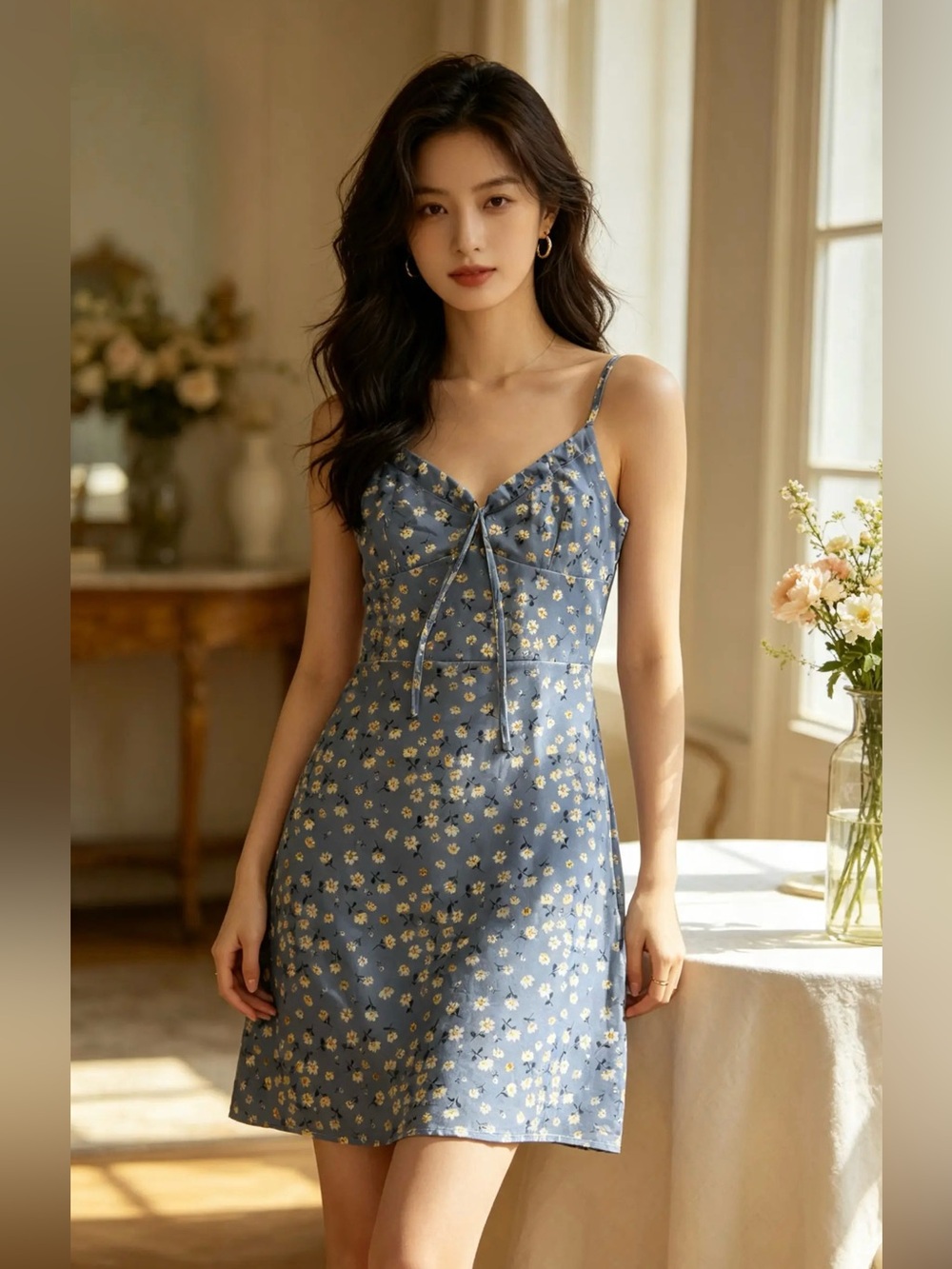 Blue Floral Slip Dress with Tie Front and Adjustable Straps